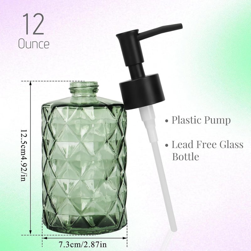 Ulable Clear Green Glass Soap Dispenser with Pump, 12oz Diamond Design Hand Soap Dispenser, Refillable Lotion Dispenser & Dish for Dishwashing Liquid, Shower Gel - Image 2